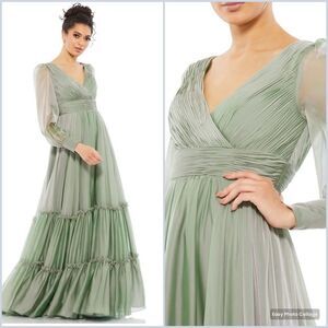 NWT Mac Duggal 67864 Long Sleeve Satin Chiffon Tiered Gown Dress Sage Green